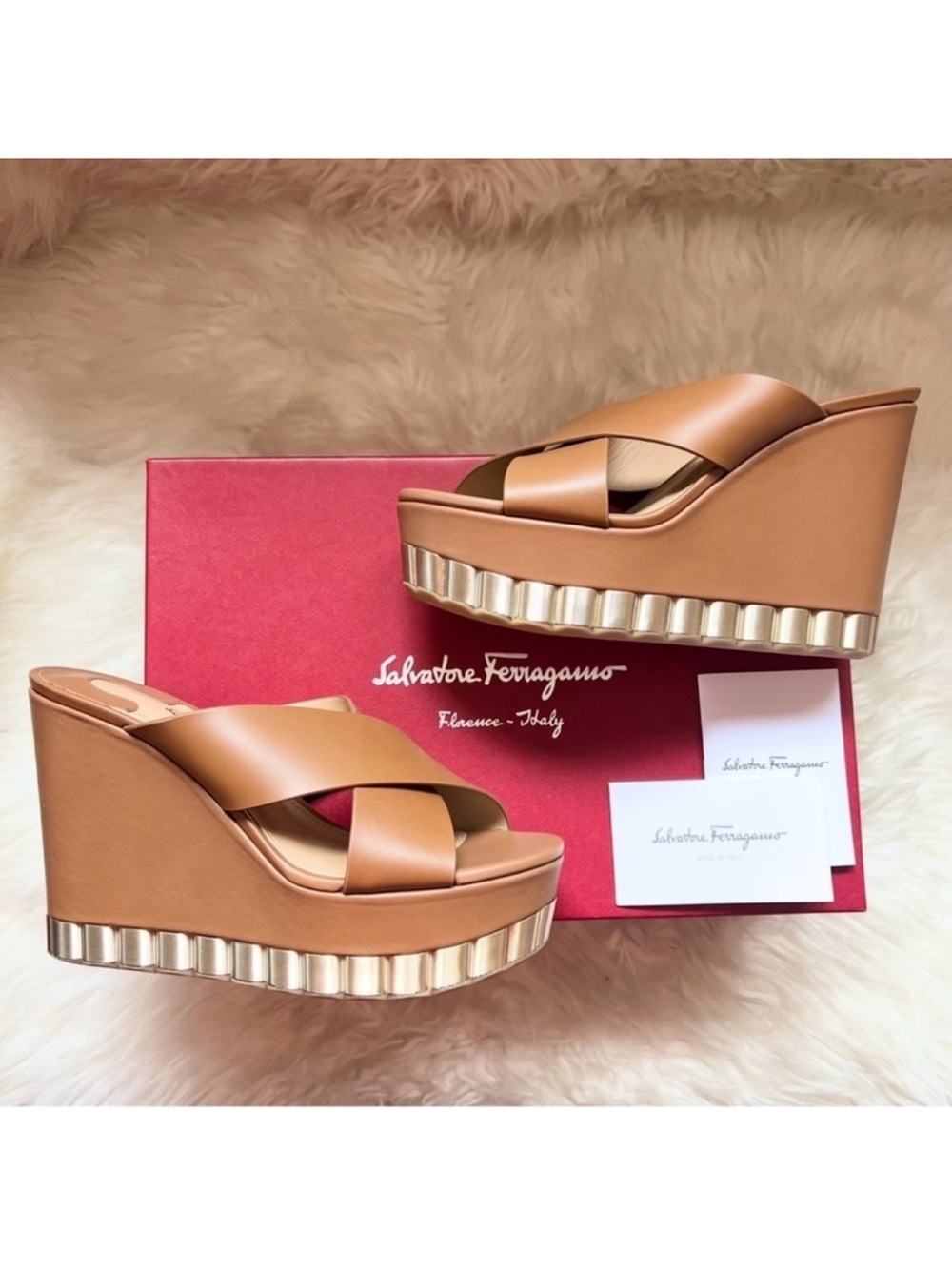 New! Salvatore Ferragamo Nicosia Brown Leather Platform Wedge Sandals